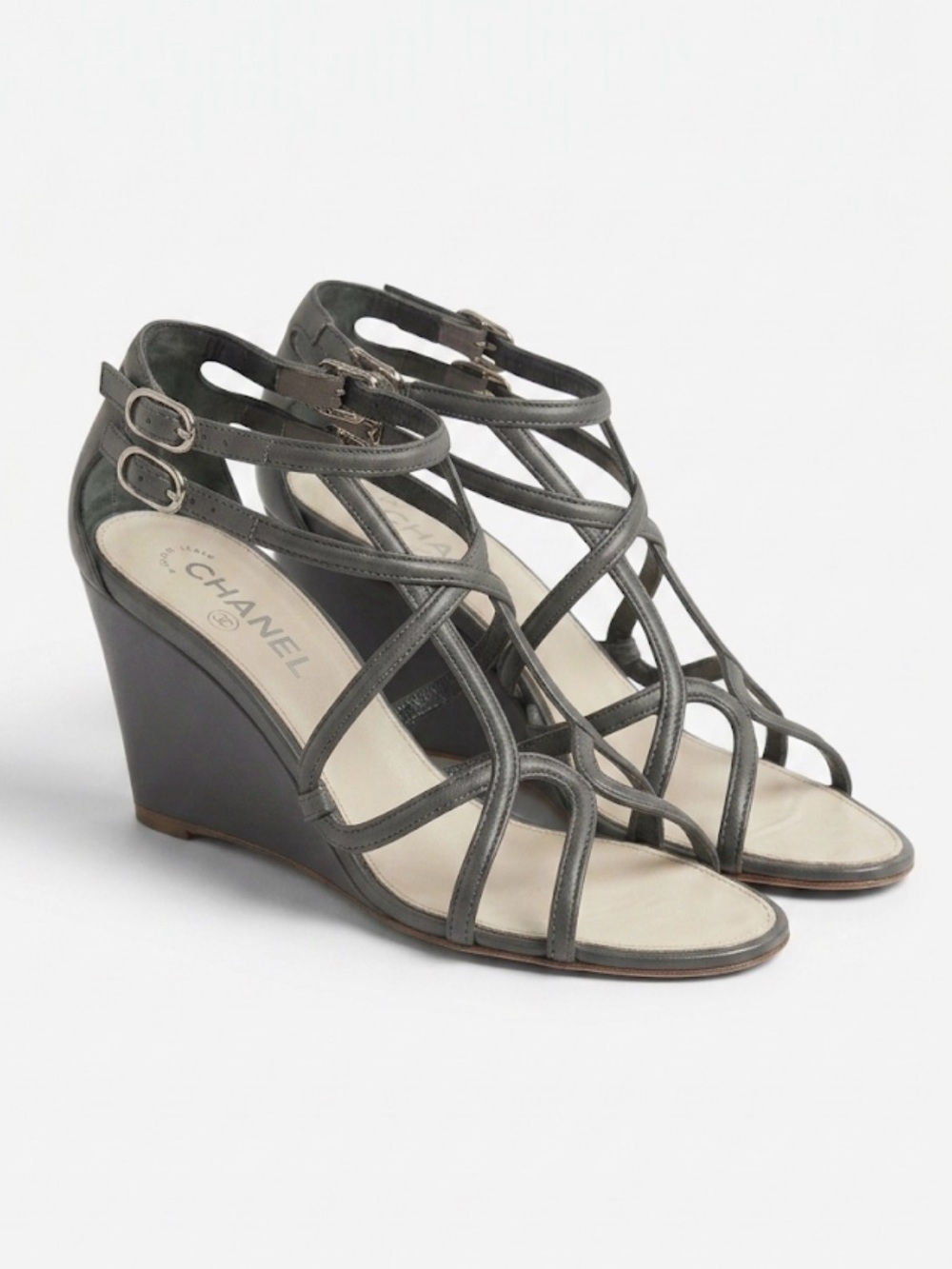 Chanel Grey Leather Strappy Cage Wedge Sandals Heels Shoes 40.5